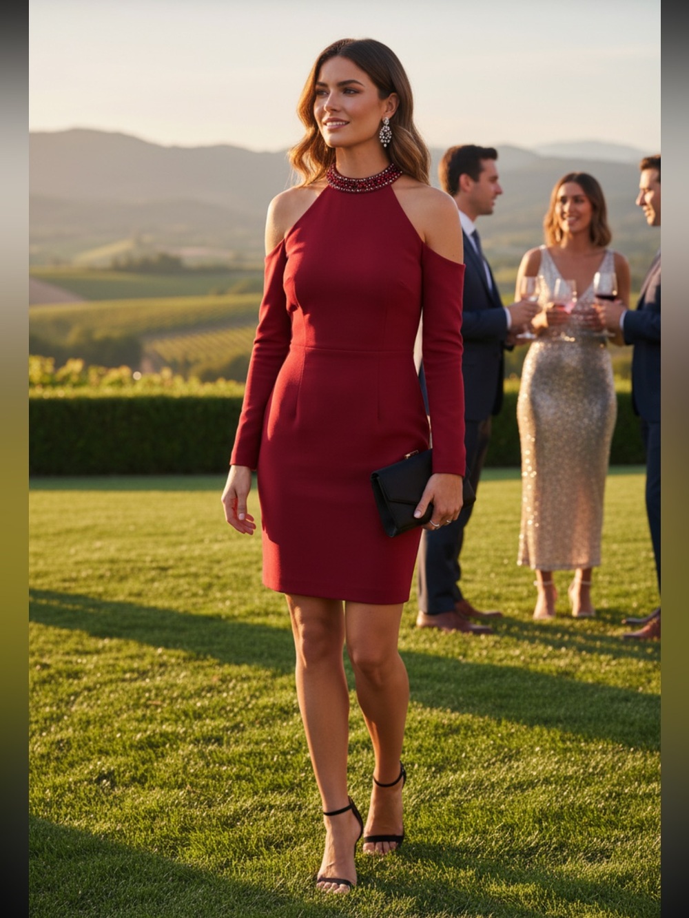Rachel Allan Red Cold-Shoulder Halter Mini Dress